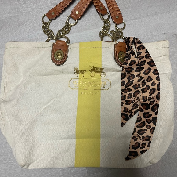 Coach Handbags - Coach Cream Tote with Yellow Stripe and Leopard Accent